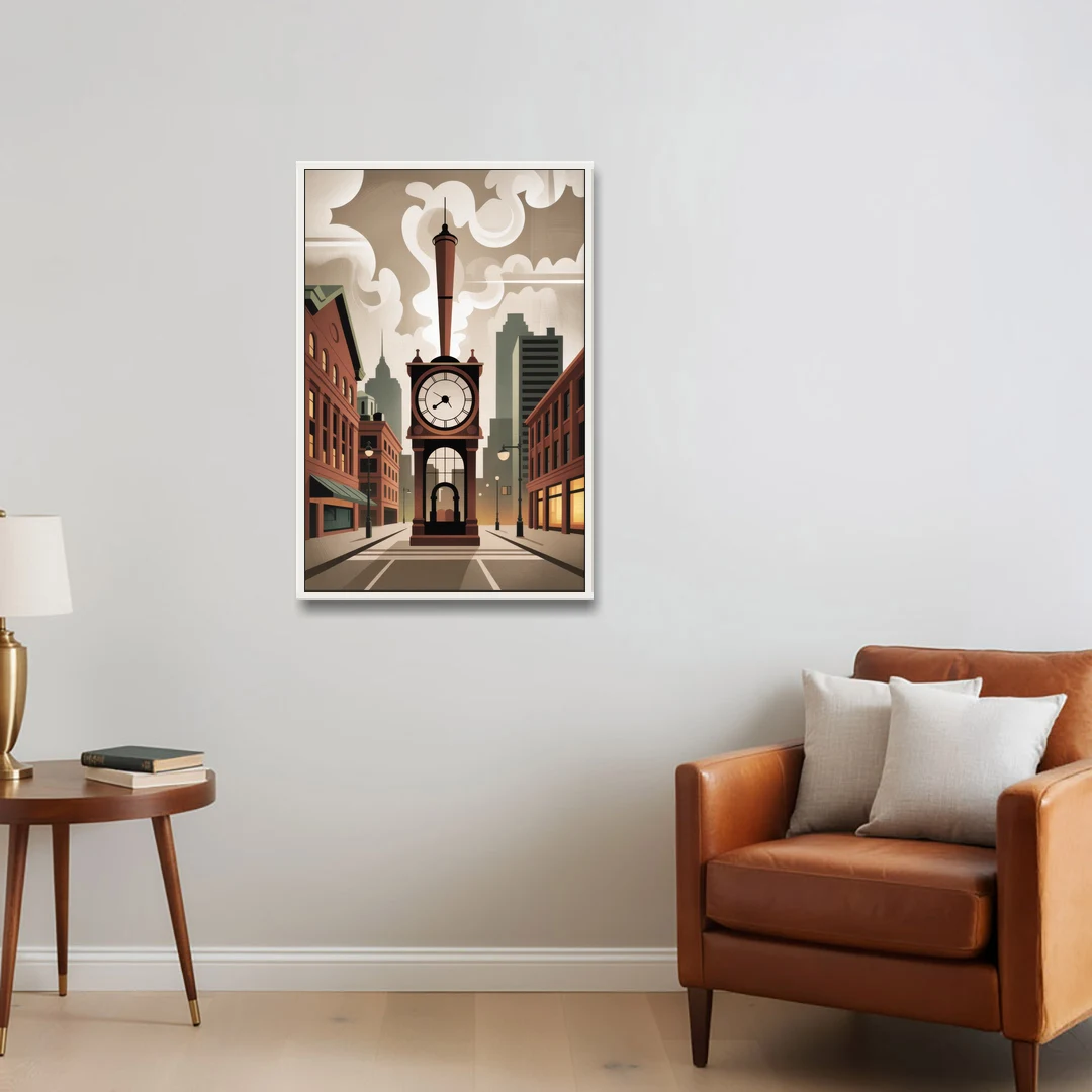 Gastown Steam Clock - White Framed Canvas Wall Art - Sofa - 24x36