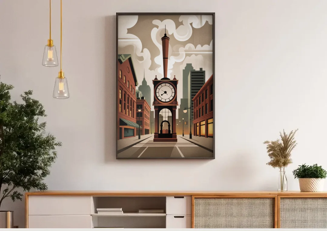 Gastown Steam Clock canvas wall art above a wooden sideboard under pendant lights