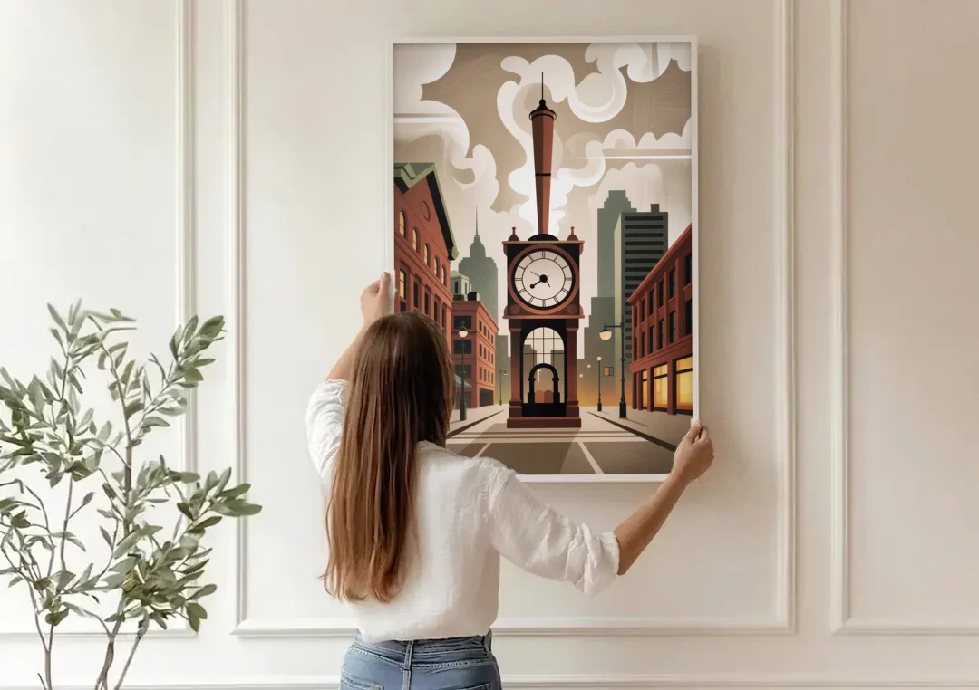 Gastown Steam Clock canvas wall art being hung on a paneled wall