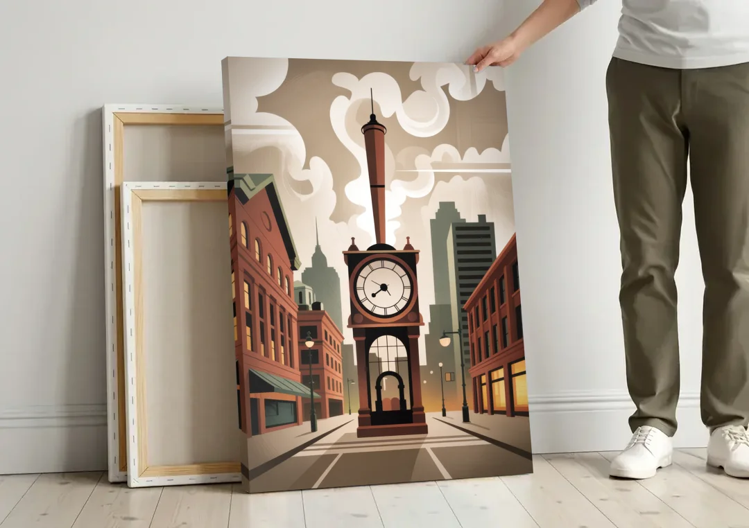 Gastown Steam Clock canvas wall art leaning against a wall next to blank canvases