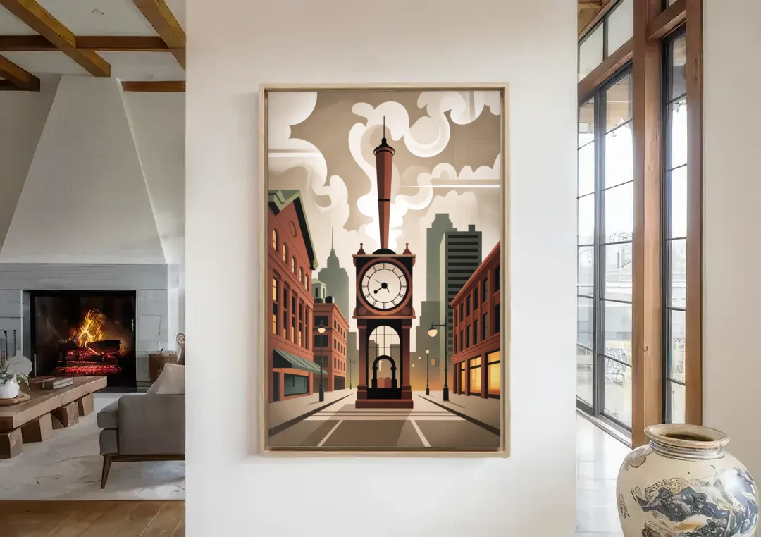 Gastown Steam Clock canvas wall art in a living room with a fireplace