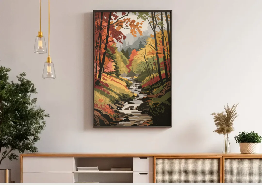 Gatlinburg Autumn Forest View canvas wall art above a wooden sideboard under pendant lights