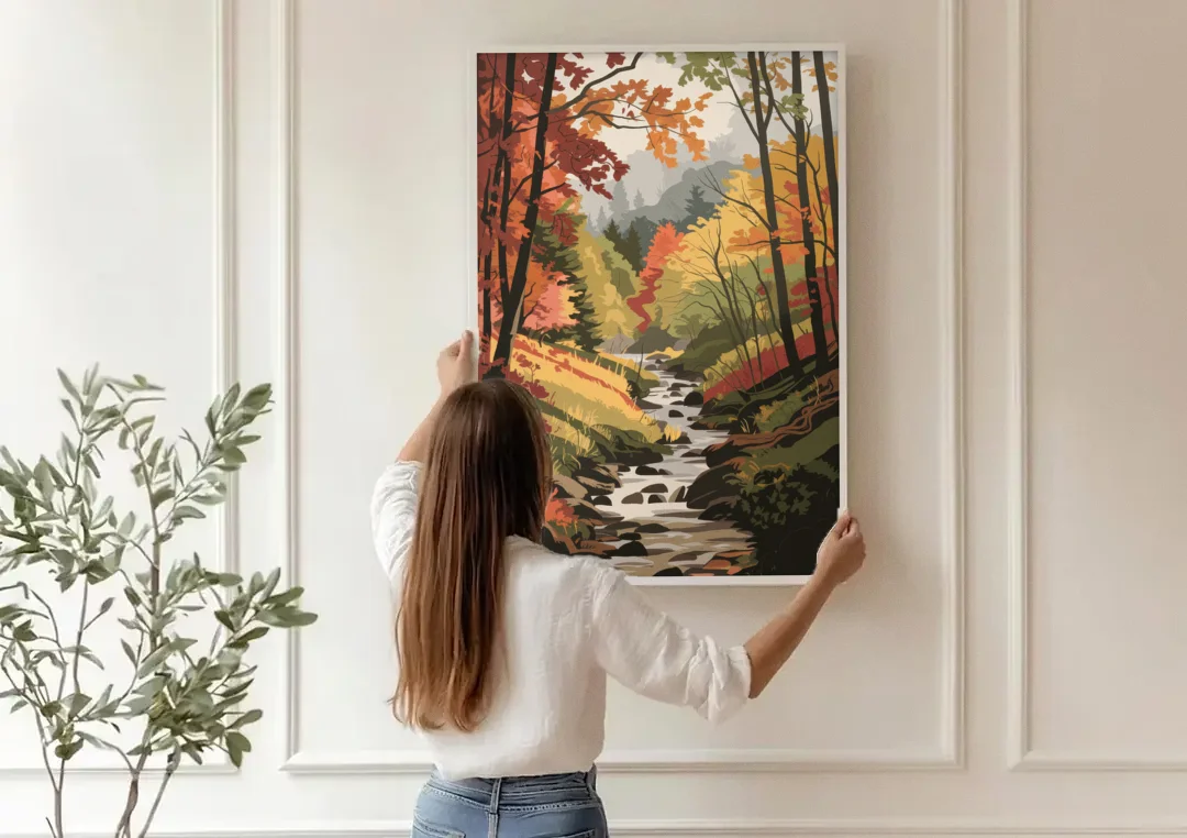 Gatlinburg Autumn Forest View canvas wall art being hung on a paneled wall