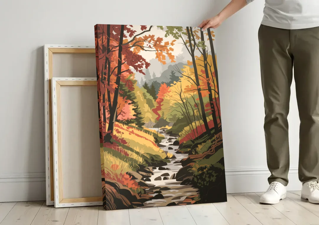 Gatlinburg Autumn Forest View canvas wall art leaning against a wall next to blank canvases