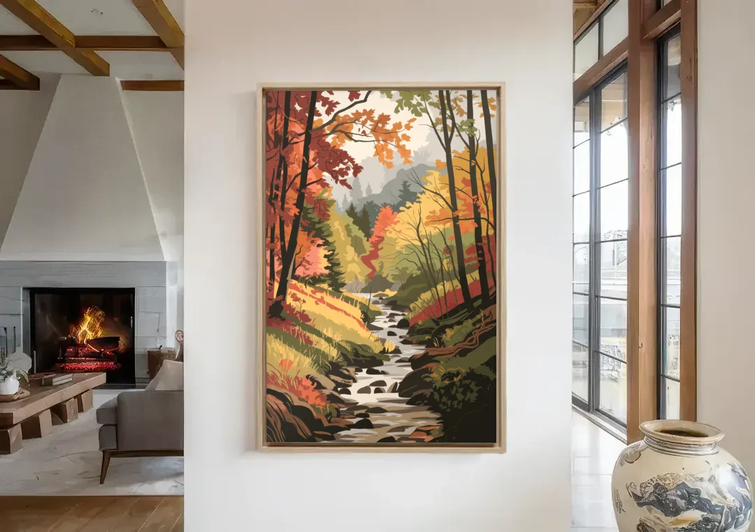 Gatlinburg Autumn Forest View canvas wall art in a living room with a fireplace