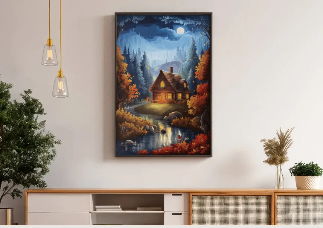 Gatlinburg Cabin in the Woods canvas wall art above a wooden sideboard under pendant lights
