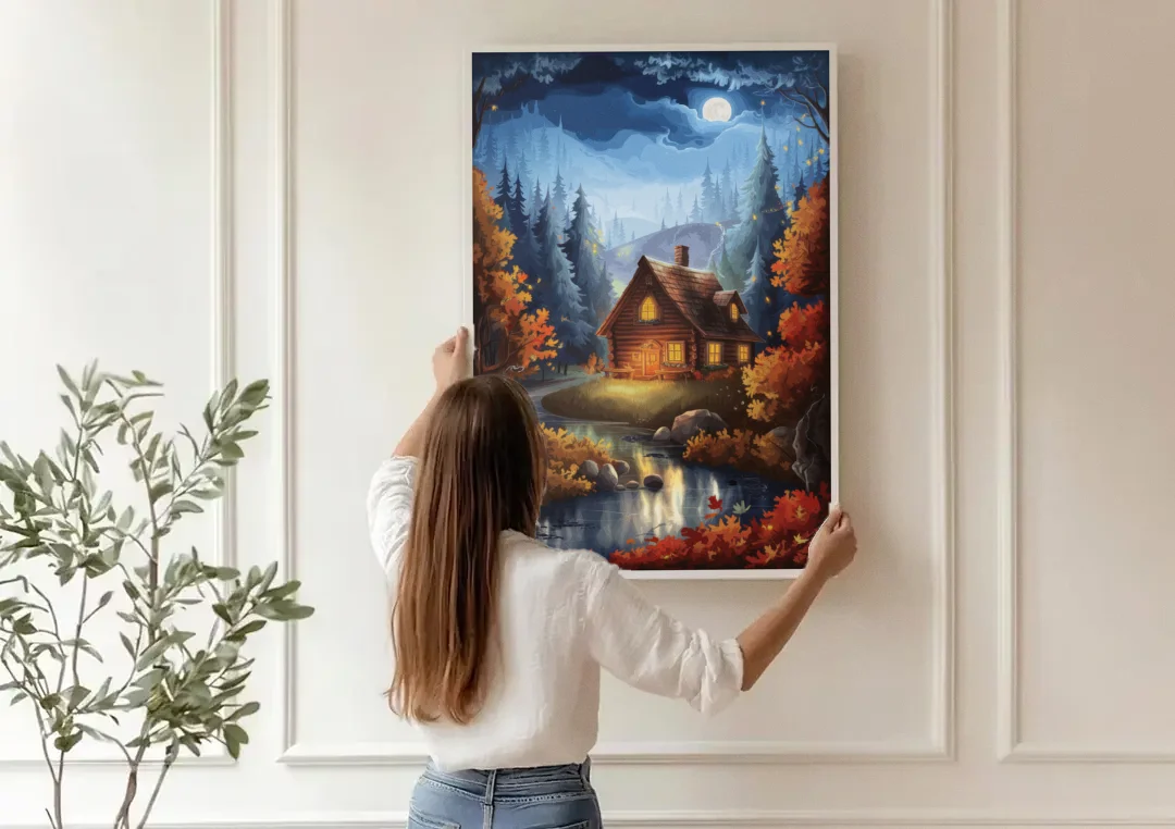 Gatlinburg Cabin in the Woods canvas wall art being hung on a paneled wall