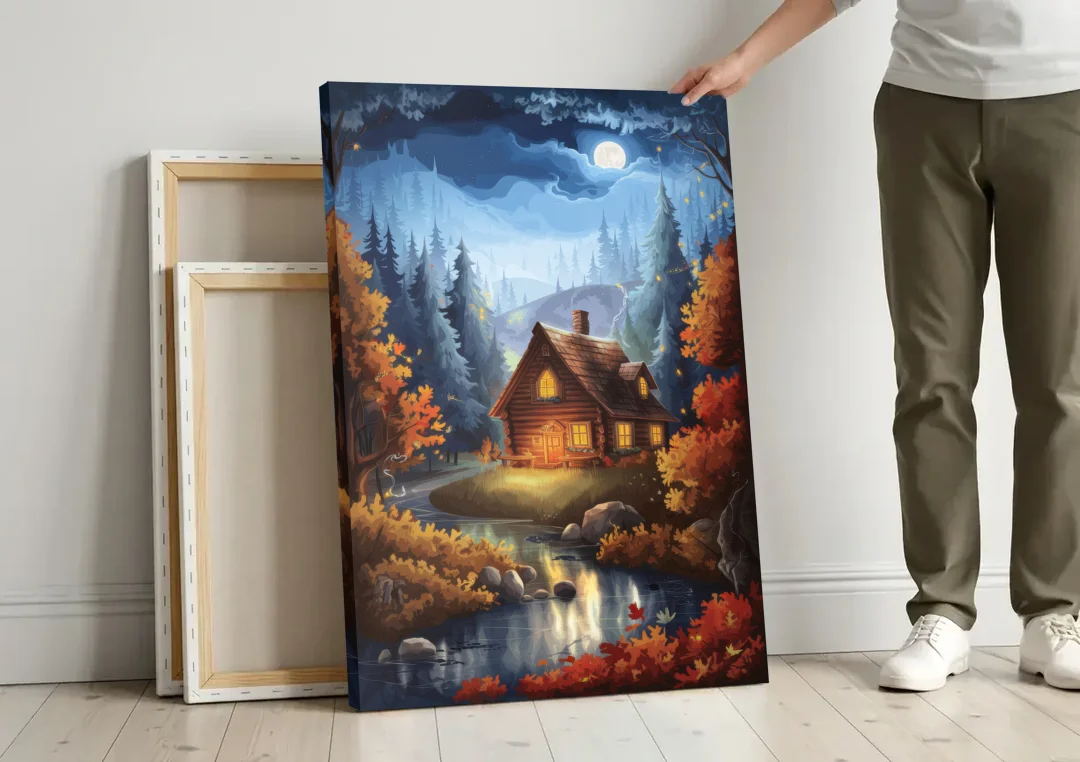 Gatlinburg Cabin in the Woods canvas wall art leaning against a wall next to blank canvases