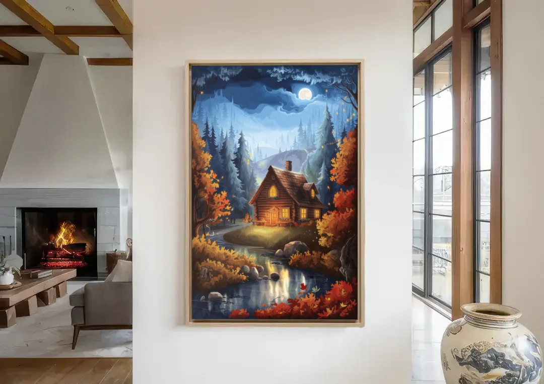 Gatlinburg Cabin in the Woods canvas wall art in a living room with a fireplace