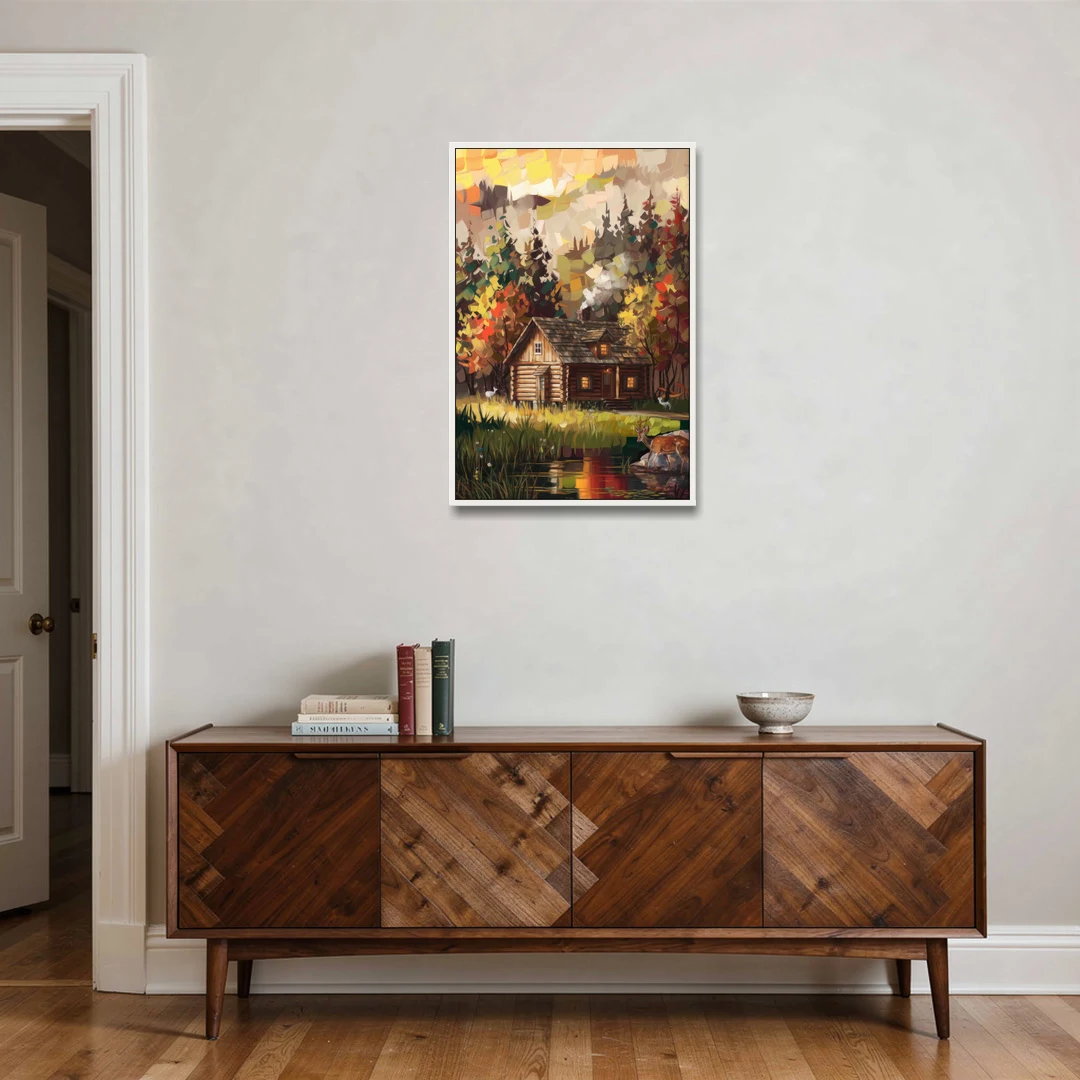 Gatlinburg Cabin in the Woods Rustic - White Framed Canvas Wall Art - Coffee Table - 24x36
