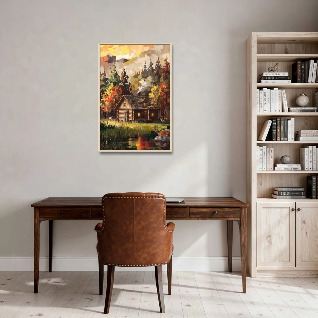 Gatlinburg Cabin in the Woods Rustic - Oak Framed Canvas Wall Art - Office - 24x36