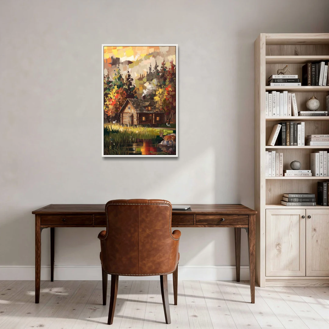 Gatlinburg Cabin in the Woods Rustic - White Framed Canvas Wall Art - Office - 24x36