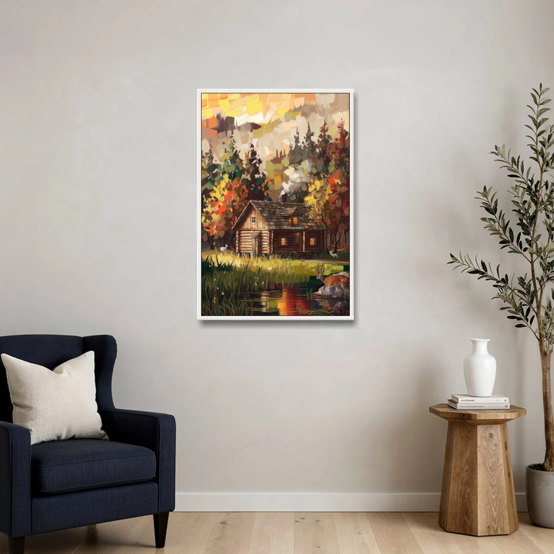 Gatlinburg Cabin in the Woods Rustic - White Framed Canvas Wall Art - Sofa - 24x36