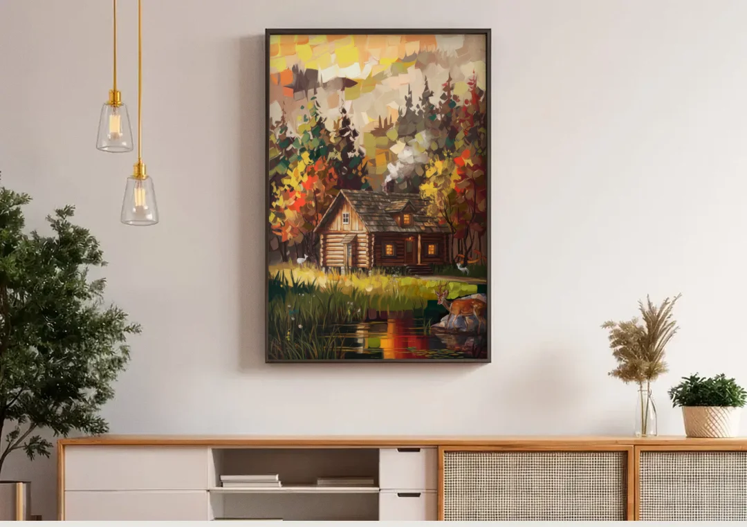 Gatlinburg Cabin in the Woods Rustic canvas wall art above a wooden sideboard under pendant lights