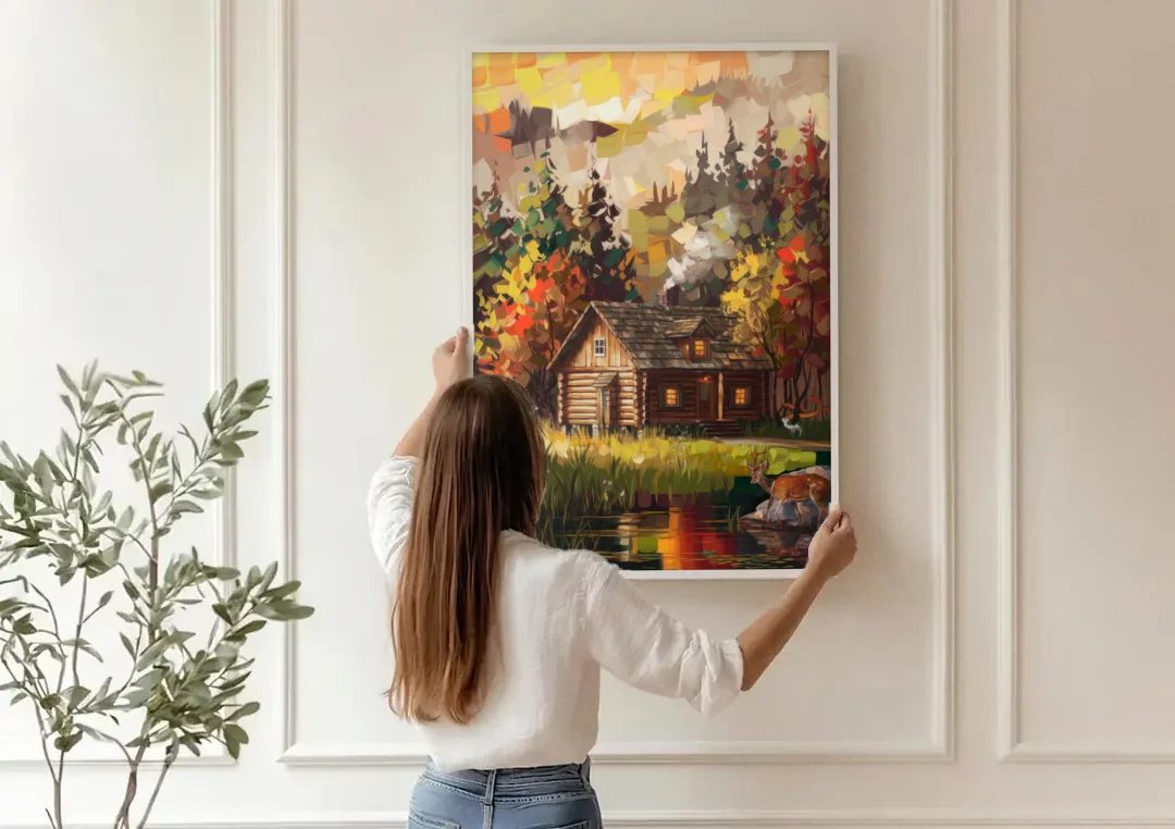 Gatlinburg Cabin in the Woods Rustic canvas wall art being hung on a paneled wall
