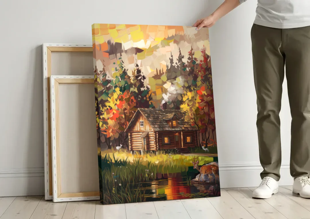 Gatlinburg Cabin in the Woods Rustic canvas wall art leaning against a wall next to blank canvases