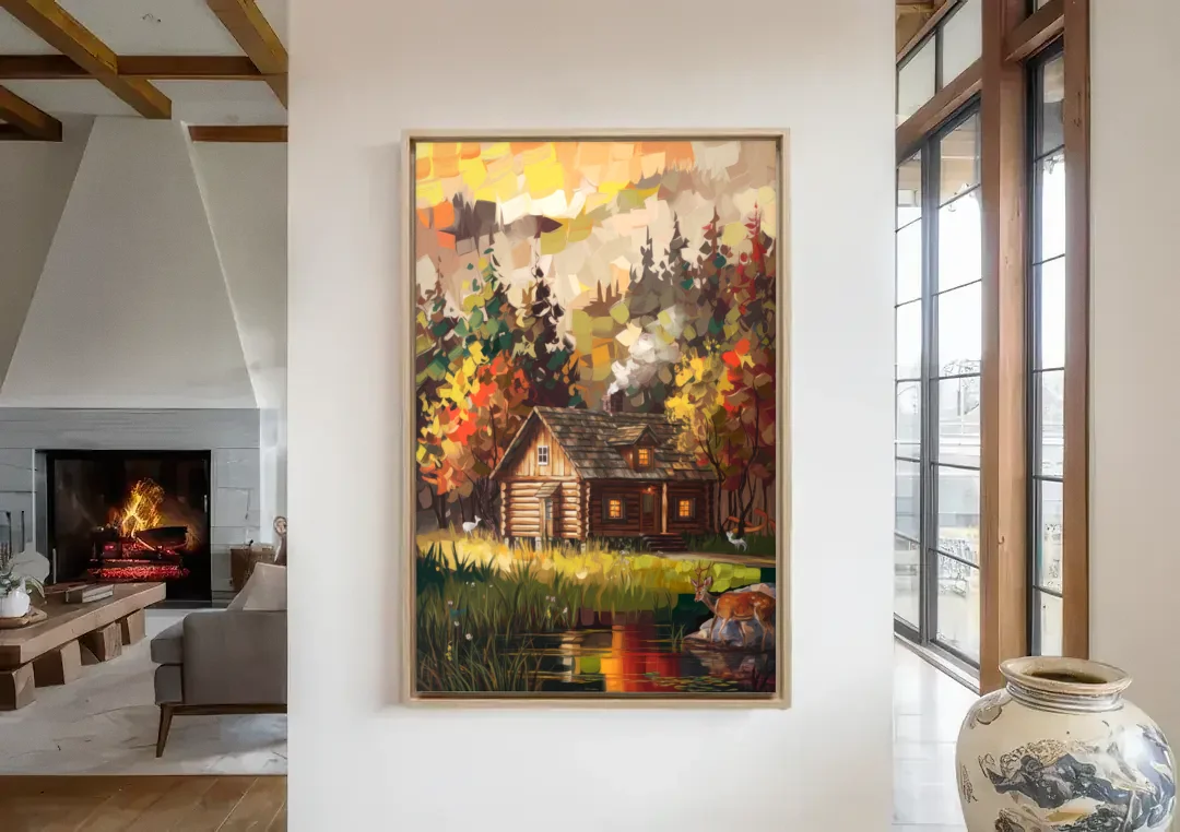 Gatlinburg Cabin in the Woods Rustic canvas wall art in a living room with a fireplace