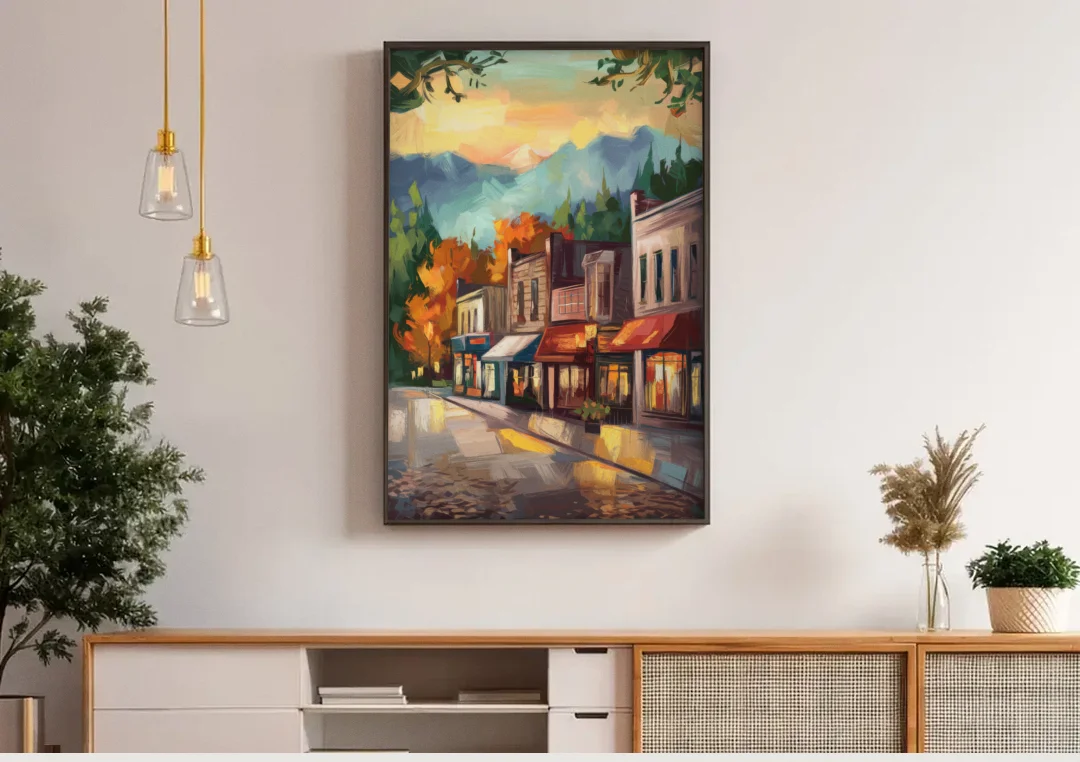 Gatlinburg Downtown Charm canvas wall art above a wooden sideboard under pendant lights