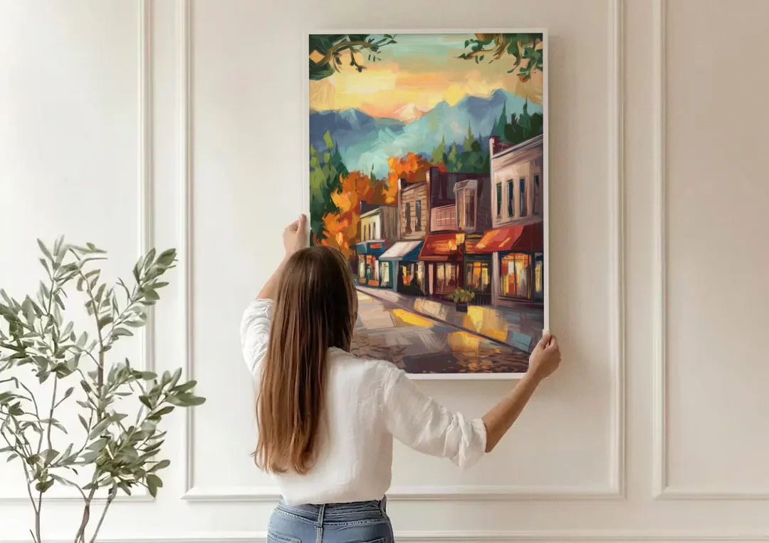 Gatlinburg Downtown Charm canvas wall art being hung on a paneled wall