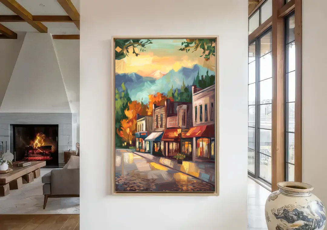 Gatlinburg Downtown Charm canvas wall art in a living room with a fireplace