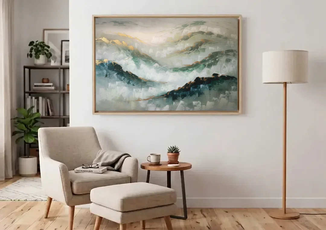 Gatlinburg Misty Mountain Gray Landscape canvas wall art above an armchair in a bright living room