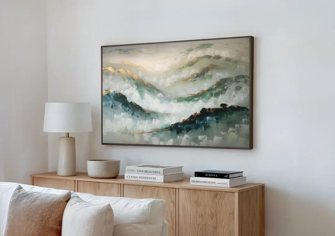 Gatlinburg Misty Mountain Gray Landscape canvas wall art above a wooden sideboard next to a sofa