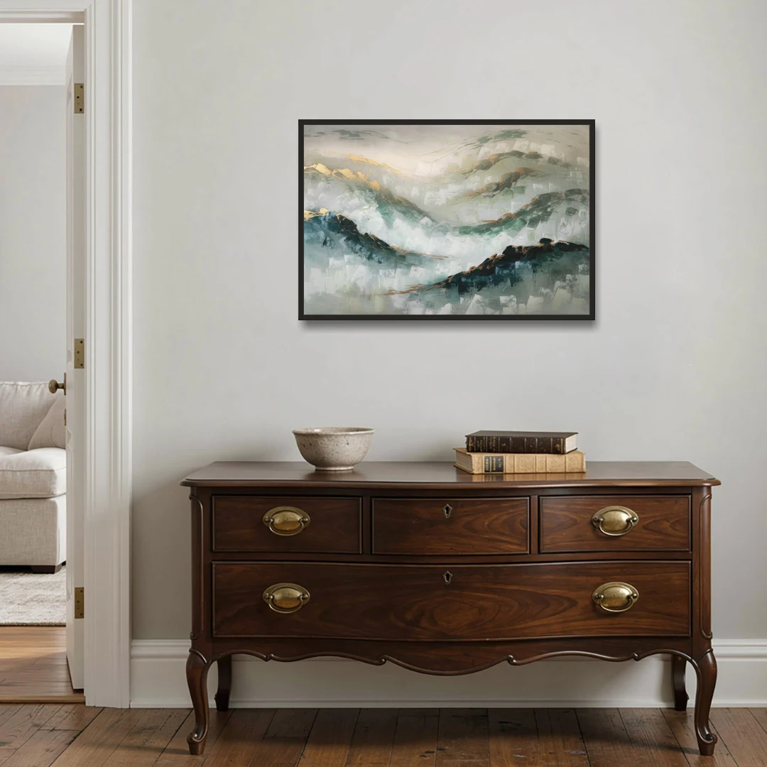 Gatlinburg Misty Mountain Gray Landscape - Black Framed Canvas Wall Art - Coffee Table - 36x24
