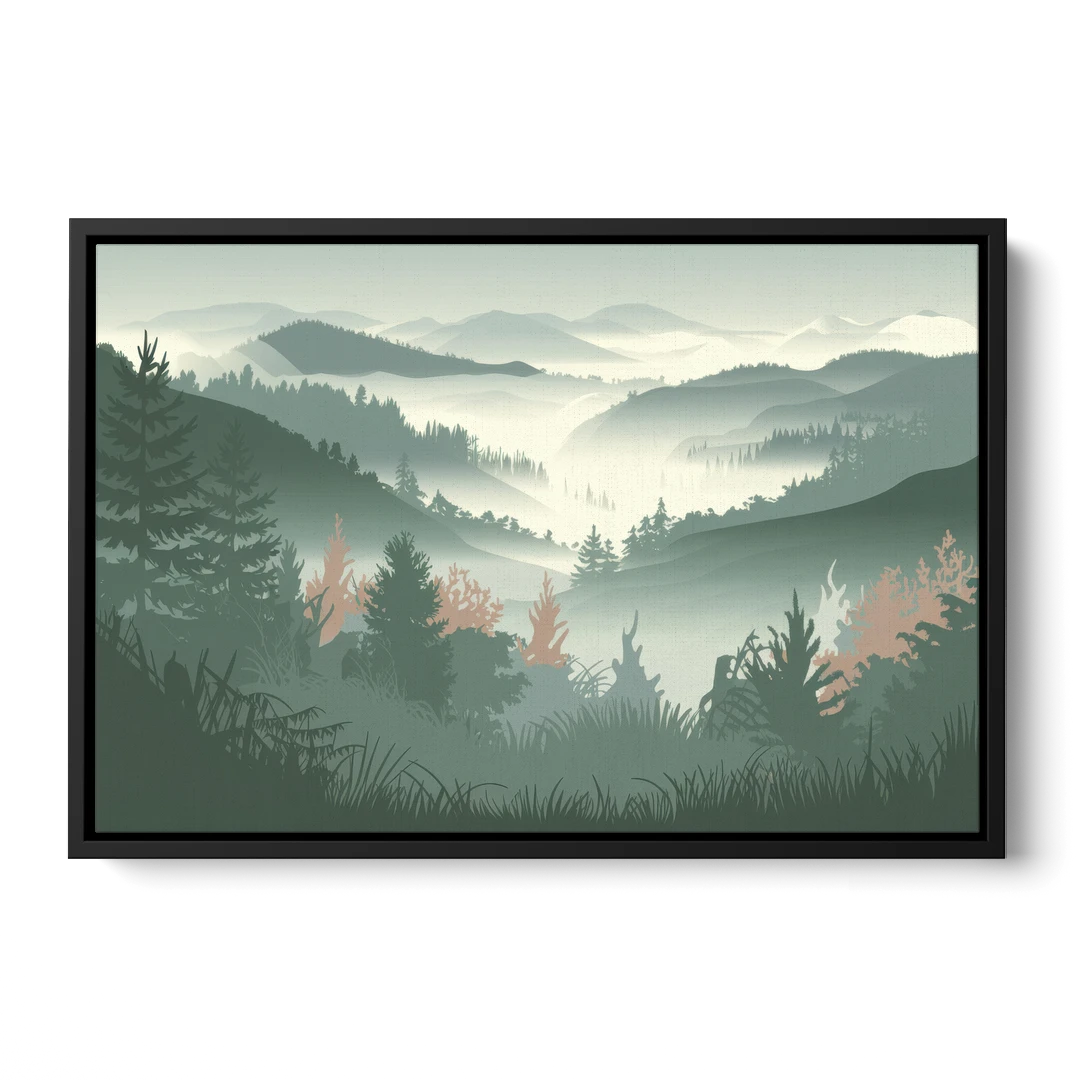 Gatlinburg Misty Mountain Landscape - Black Framed Canvas Wall Art - Front