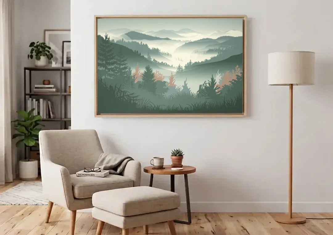 Gatlinburg Misty Mountain Landscape canvas wall art above an armchair in a bright living room