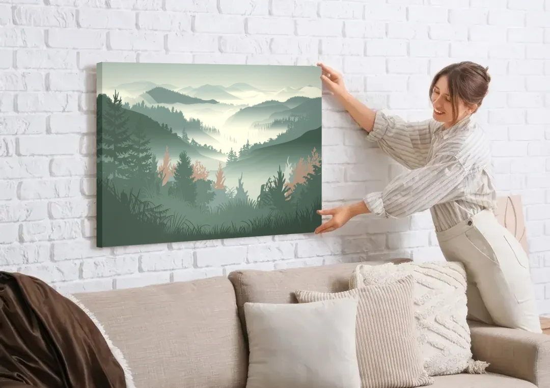 Gatlinburg Misty Mountain Landscape canvas wall art being hung on a white brick wall above a sofa