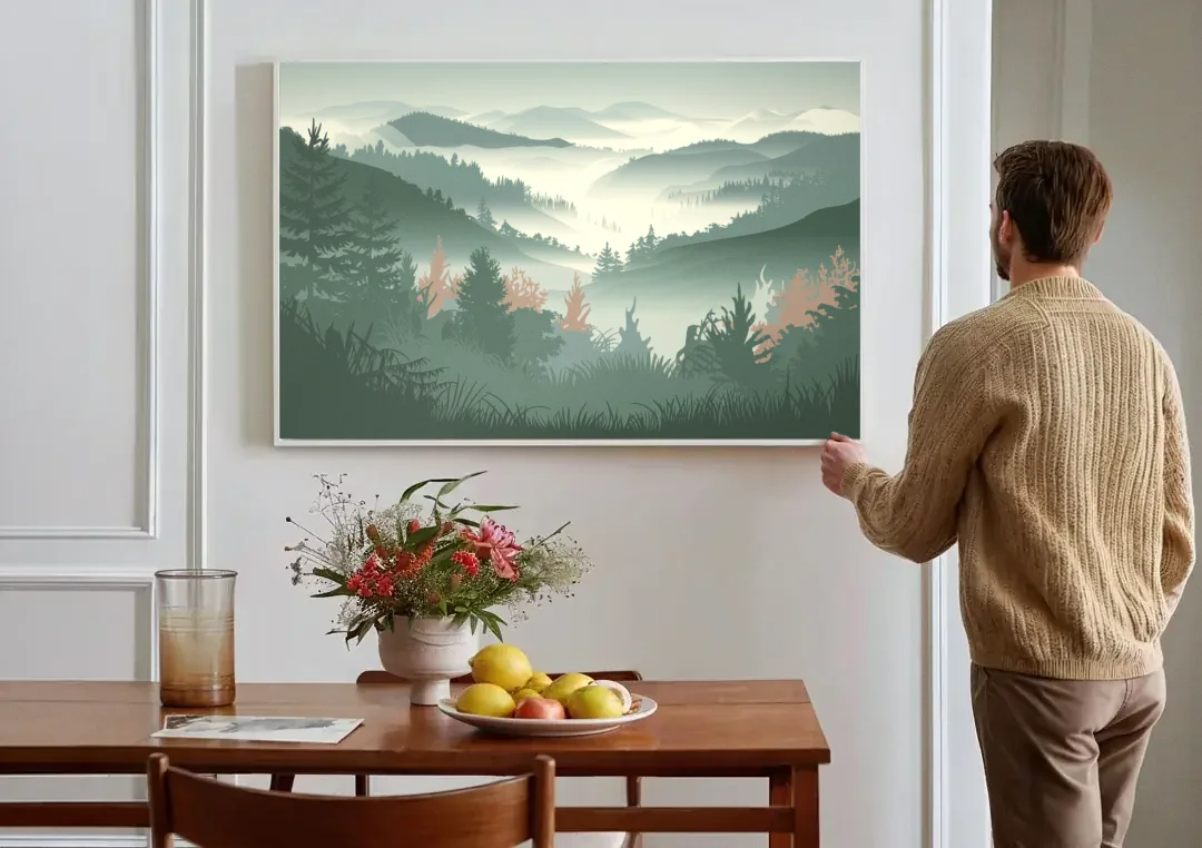Gatlinburg Misty Mountain Landscape canvas wall art above a dining table