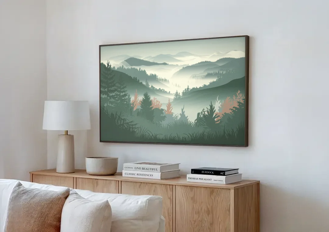Gatlinburg Misty Mountain Landscape canvas wall art above a wooden sideboard next to a sofa