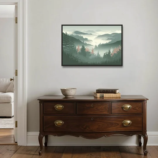 Gatlinburg Misty Mountain Landscape - Black Framed Canvas Wall Art - Coffee Table - 36x24
