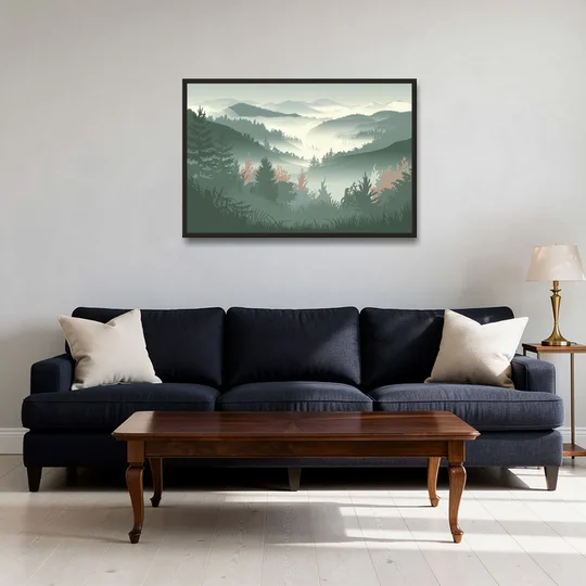 Gatlinburg Misty Mountain Landscape - Black Framed Canvas Wall Art - Sofa - 36x24