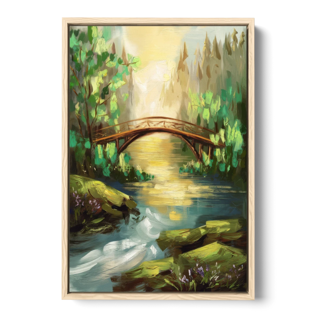 Gatlinburg River and Bridge Scene - Oak Framed Canvas Wall Art - Front
