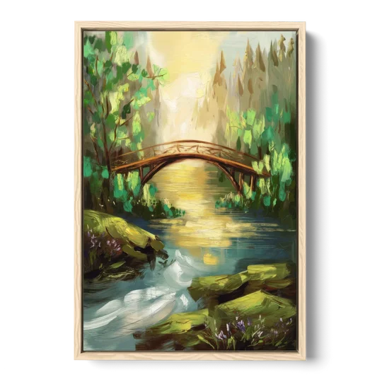 Gatlinburg River and Bridge Scene - Oak Framed Canvas Wall Art - Front