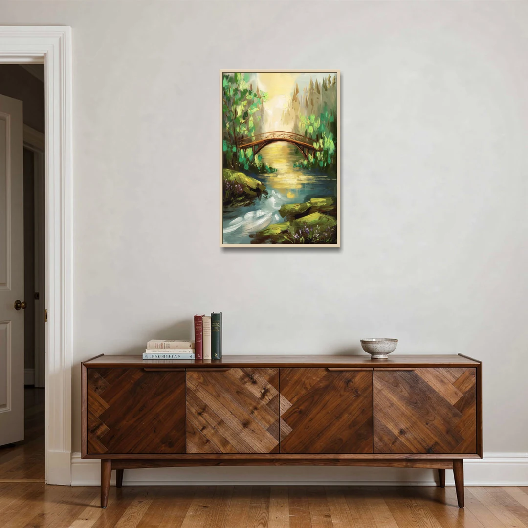 Gatlinburg River and Bridge Scene - Oak Framed Canvas Wall Art - Coffee Table - 24x36