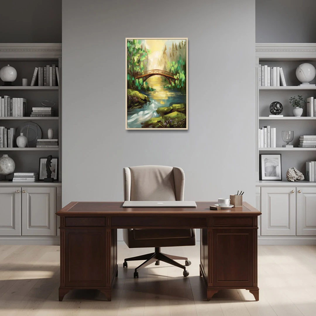 Gatlinburg River and Bridge Scene - Oak Framed Canvas Wall Art - Office - 24x36