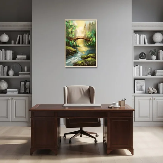 Gatlinburg River and Bridge Scene - Oak Framed Canvas Wall Art - Office - 24x36