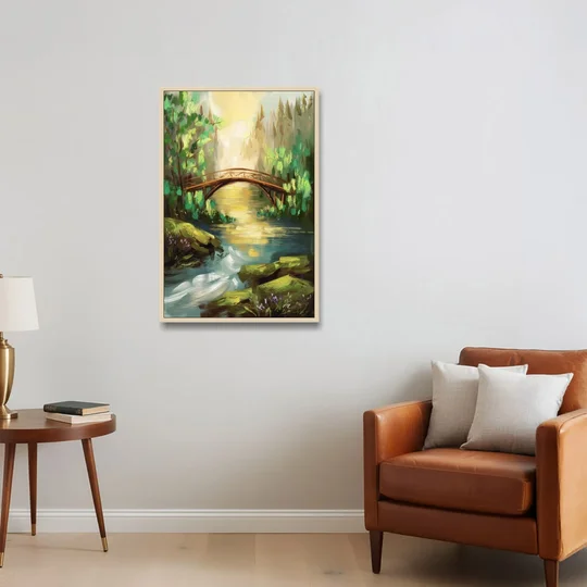 Gatlinburg River and Bridge Scene - Oak Framed Canvas Wall Art - Sofa - 24x36