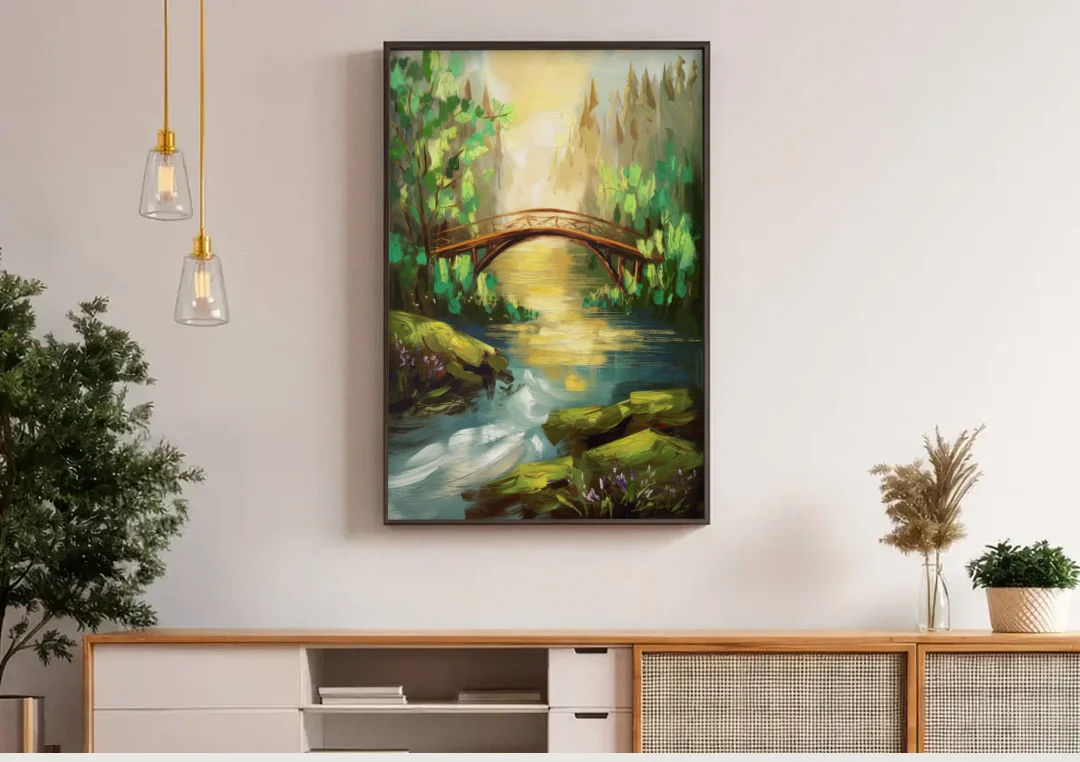 Gatlinburg River and Bridge Scene canvas wall art above a wooden sideboard under pendant lights
