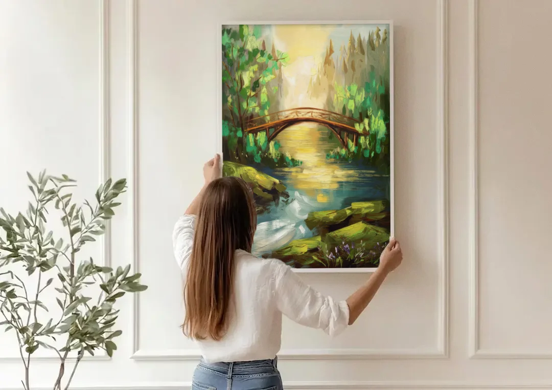 Gatlinburg River and Bridge Scene canvas wall art being hung on a paneled wall