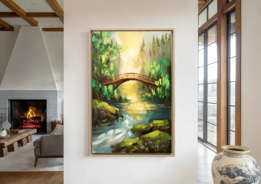 Gatlinburg River and Bridge Scene canvas wall art in a living room with a fireplace