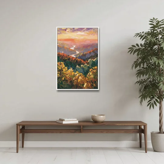 Gatlinburg Scenic Smoky Mountains - White Framed Canvas Wall Art - Coffee Table - 24x36