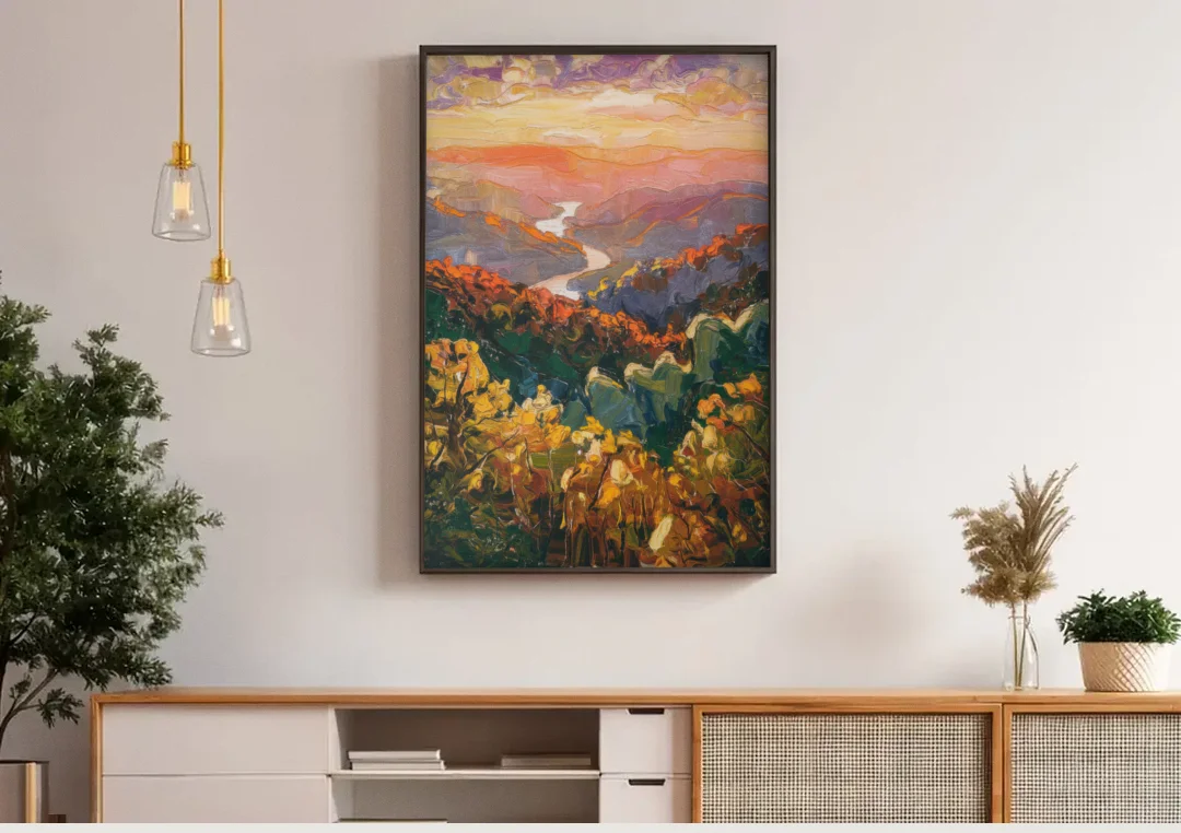Gatlinburg Scenic Smoky Mountains canvas wall art above a wooden sideboard under pendant lights