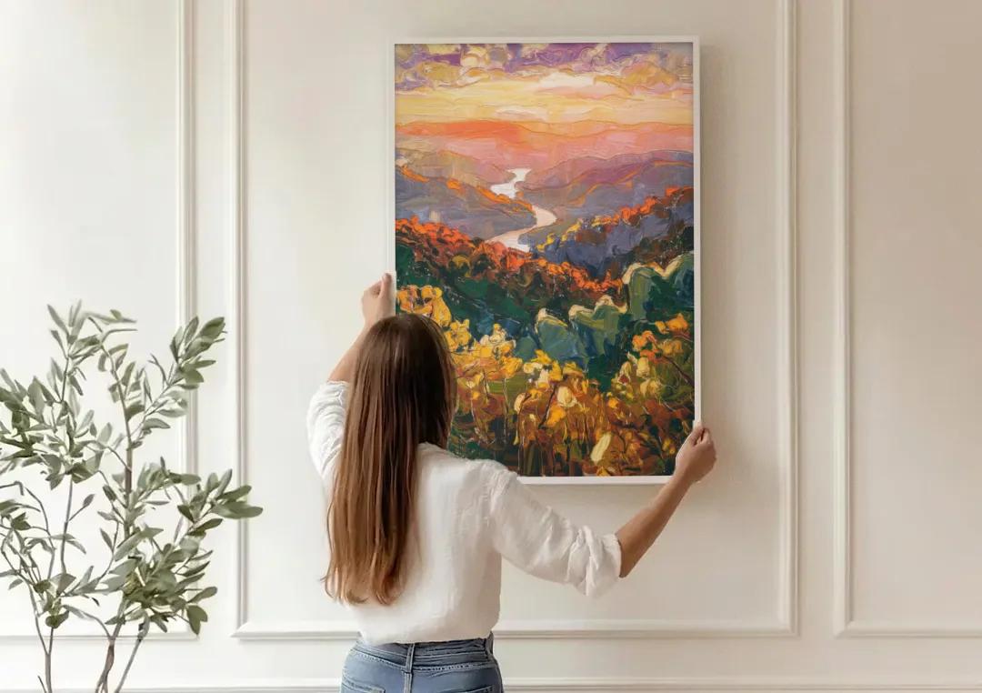 Gatlinburg Scenic Smoky Mountains canvas wall art being hung on a paneled wall