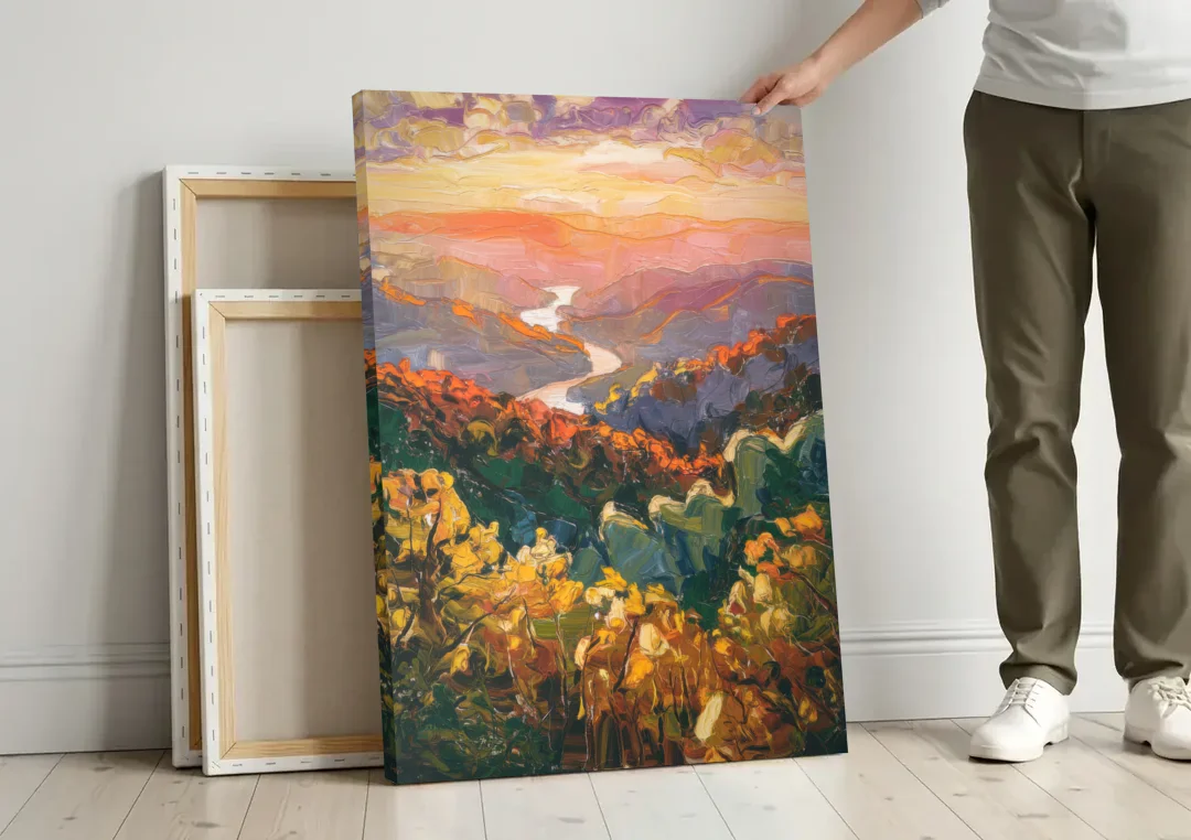 Gatlinburg Scenic Smoky Mountains canvas wall art leaning against a wall next to blank canvases
