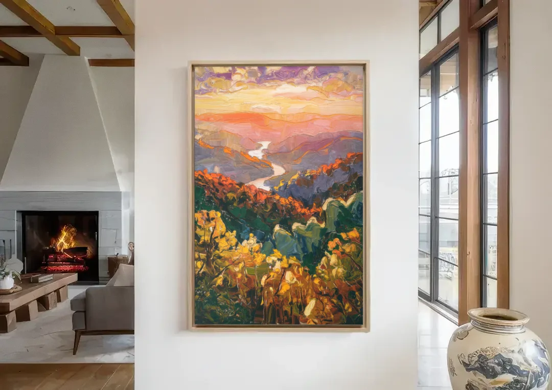 Gatlinburg Scenic Smoky Mountains canvas wall art in a living room with a fireplace