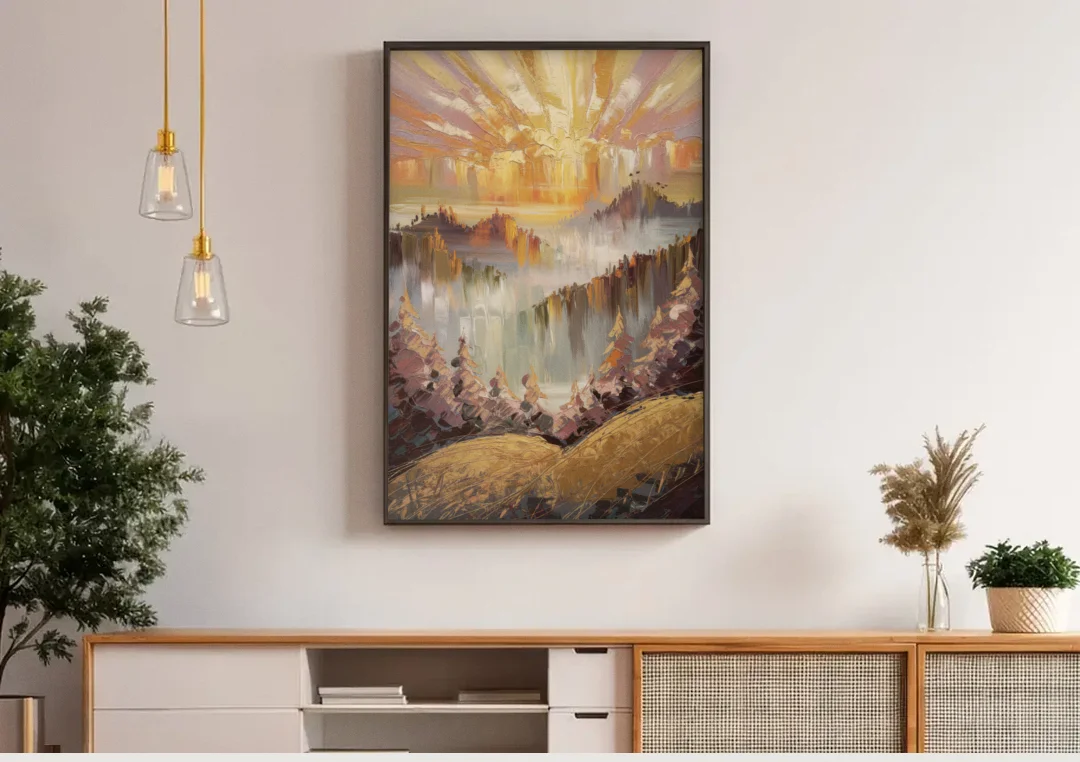 Gatlinburg Sunrise Over Mountains canvas wall art above a wooden sideboard under pendant lights