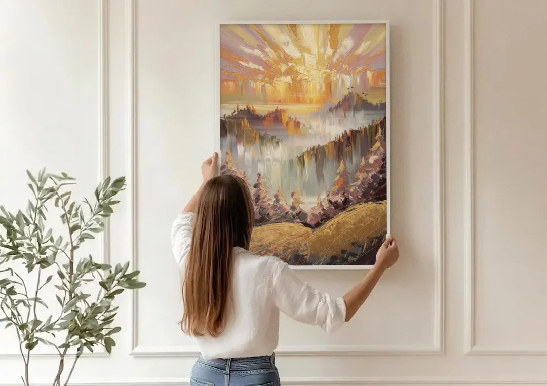 Gatlinburg Sunrise Over Mountains canvas wall art being hung on a paneled wall